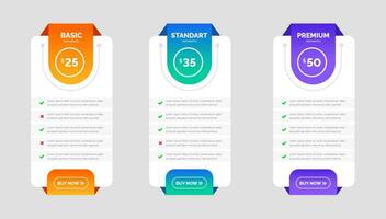 ui ux App Preisgestaltung Diagramm Tabelle Abonnement Design oder Webseite Preisgestaltung Diagramm Tabelle Design Vorlage. Produkt planen Angebot Preis Paket Abonnement Optionen Vergleich Tabelle Diagramm Infografik Design. vektor