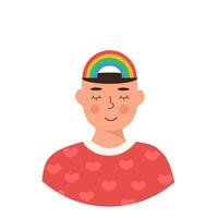 männlich glücklich Charakter mit Regenbogen auf Kopf Vektor eben Illustration. lgbt Mann oder Frau mit schließen Augen. positiv Denken Konzept, selbst Pflege, gesund schleppend Leben. Fröhlich Person. Hippie Kultur. Meditation.