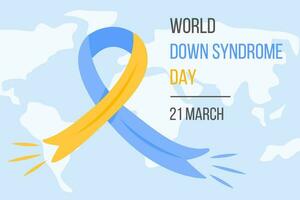 värld ner syndrom dag webb baner, affisch eller kort. blå och gul band och värld Karta på bakgrund. symbol av genetisk sjukdom. extra kromosom. vektor illustration.