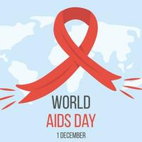 Welt AIDS Tag Banner mit rot Band auf Welt Karte auf Hintergrund. Poster zum National hiv und AIDS Bewusstsein Tag. rot Band Krebs Bewusstsein Symbol. Flyer. Vektor Illustration.