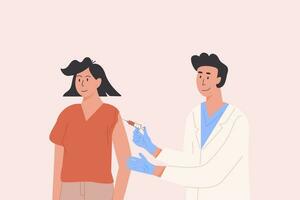 manlig och kvinna läkare i en medicinsk klänning och handskar ger vaccin skott till patient. vaccination kampanj. begrepp illustration för immunitet hälsa. platt illustration isolerat vektor