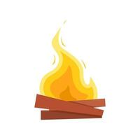 Verbrennung Lagerfeuer oder Lagerfeuer auf hölzern Protokolle isoliert auf Weiß Hintergrund. Design Element von Flamme auf Brennholz. Orange Karikatur lodern. bunt eben Vektor Illustration.