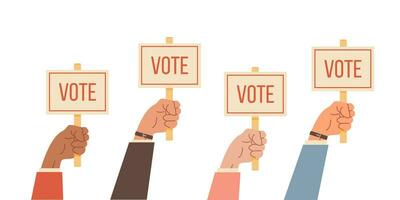 blanda lopp vapen innehav en plakat med rösta rubrik. val i amerika. vektor illustration med mänsklig hand håll röstning baner tecken isolerat på vit bakgrund. president- eller guvernör kampanj.