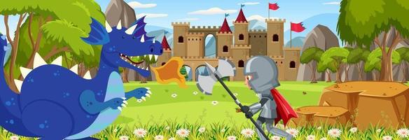 Ritter kämpfen mit Drachen auf der Burg vektor