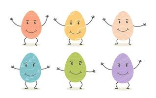 bündeln von Tanzen dekoriert Ostern Eier Zeichen mit komisch Gesichter isoliert auf Weiß Hintergrund. Sammlung von mit verschiedene Ornamente. saisonal Charakter einstellen zum Ostern. eben Karikatur Illustration. vektor