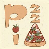 italiensk snabb mat bit pizza text. retro färger. platt stil. vektor illustration.