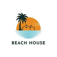 strand hus logotyp design begrepp med handflatan, hus och Sol vektor