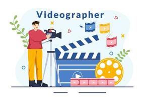 Videograf Dienstleistungen Vektor Illustration mit Aufzeichnung Video Produktion, Film, Ausrüstung und Kino Industrie im eben Karikatur Hintergrund
