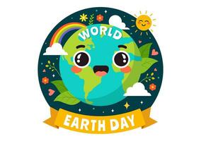värld jord dag vektor illustration på april 22 med värld Karta och växter eller träd för grönare medvetenhet i miljö platt tecknad serie bakgrund