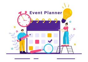 händelse planerare vektor illustration med planera schema, tid förvaltning, företag dagordning och kalender begrepp i platt tecknad serie bakgrund