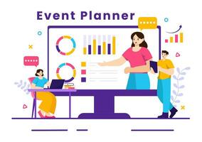 Veranstaltung Planer Vektor Illustration mit Planung Zeitplan, Zeit Management, Geschäft Agenda und Kalender Konzept im eben Karikatur Hintergrund