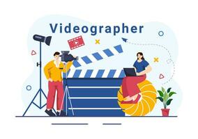 Videograf Dienstleistungen Vektor Illustration mit Aufzeichnung Video Produktion, Film, Ausrüstung und Kino Industrie im eben Karikatur Hintergrund