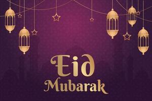 eid mubarak hälsning kort med lyktor och moské bakgrund vektor