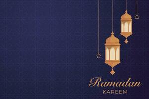 Ramadan kareem Gruß Karte mit islamisch Laternen auf Blau Hintergrund vektor