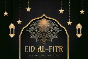 eid Mubarak Gruß Karte mit hängend Laternen und Sterne vektor