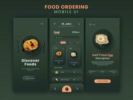 Essen Bestellung Handy, Mobiltelefon App ui Kit einschließlich wie erhalten gestartet, Essen Speisekarte Einzelheiten zum reaktionsschnell Webseite. vektor