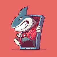 Hai Attacke auf ein Smartphone Vektor Illustration. Piraterie, Schutz, Technologie Design Konzept.