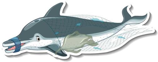 Delphin steckt im Plastiknetz auf weißem Hintergrund vektor