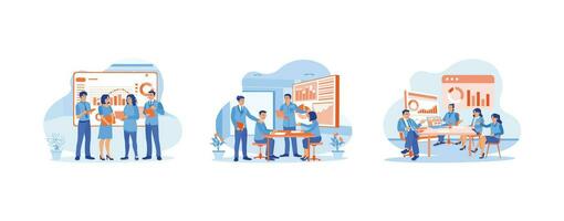 affärsmän och medarbetare har möten i de kontor. diskutera diagram, diagram och statistisk data på kontor finanser. kommunicera med varje Övrig, diskutera och utbyta idéer under möten. vektor