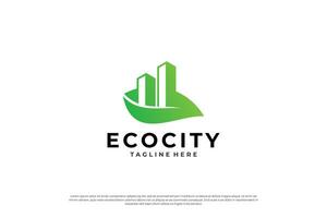 kreativ eco stad logotyp design, byggnad kombinera med blad mall. vektor