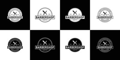 uppsättning av årgång barberare affär logotyp design. salong frisyr vektor