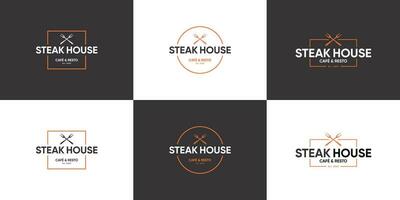 einstellen von Jahrgang Etikette Steak Haus, Rindfleisch Steak, Grill Logo Design Vektor. vektor