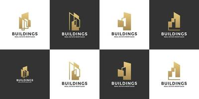 bunt byggnader verklig egendom logotyp design med gyllene Färg vektor