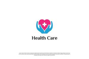 medicinsk, sjukvård logotyp design med hand och kärlek form kombination. vektor