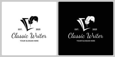 klassisk författare logotyp. fjäder med bok logotyp design för författare vektor