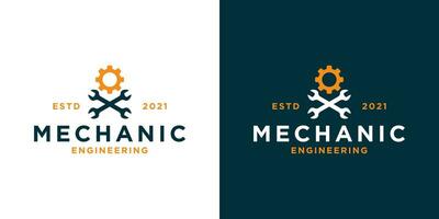 Jahrgang Mechaniker Werkstatt Logo Design mit Mechaniker Ausrüstung zum Ihre Geschäft Werkstatt usw vektor