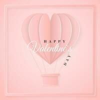 glücklich Valentinsgrüße Tag retro Einladung Karte Vorlage mit Origami Papier heiß Luft Ballon im Herz Form. Rosa Hintergrund. Vektor Illustration