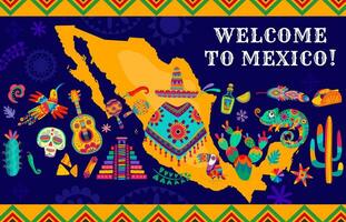 mexico Karta med kök måltider, djur och växter vektor