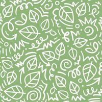 sömlös mönster med löv på en grön bakgrund, klotter stil, ritad för hand vektor