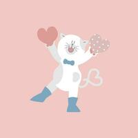 söt katt och hjärtan, Lycklig hjärtans dag, födelsedag, kärlek begrepp, platt vektor illustration tecknad serie karaktär design isolerat