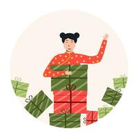 Urlaub Banner mit ein glücklich Chinesisch Mädchen Wer halten Geschenk. Vektor Weihnachten Illustration im Karikatur Stil. Mehr Geschenk Kisten