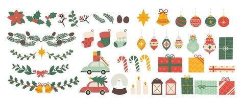 glad jul och Lycklig ny år element vektor. samling teckning av järnek växt, kristall boll, bil, strumpa, gåva, jul struntsak boll, lykta. design lämplig för baner, inbjudan, dekoration. vektor