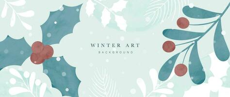 Aquarell Winter botanisch Blätter Hintergrund Vektor Illustration. Hand gezeichnet Winter Blatt Geäst, Kiefer Blätter, Stechpalme Zweig, Schneefall. Design zum drucken, Banner, Poster, Hintergrund, Dekoration.