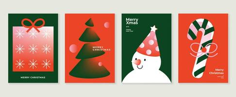 fröhlich Weihnachten Konzept Poster Satz. süß Gradient holographisch Hintergrund Vektor mit beschwingt Farbe, Weihnachten Baum, Schneemann. Kunst modisch Hintergrund Design zum Sozial Medien, Karte, Banner, Flyer.