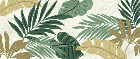 tropisk löv bakgrund vektor. botanisk lövverk baner design hand dragen färgrik handflatan blad, monstera löv linje konst. design för tapet, omslag, kort, förpackning, flygblad, tyg. vektor