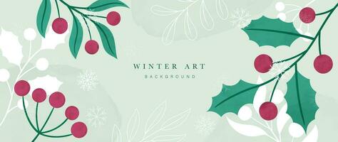 vinter- bakgrund vektor. hand målad vattenfärg blomma, botanisk löv, järnek bär, snöflingor hand teckning. abstrakt konst design för tapet, vägg konst, omslag, bröllop och inbjudan kort. vektor