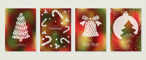 fröhlich Weihnachten Konzept Poster Satz. süß Gradient holographisch Hintergrund Vektor mit beschwingt Farbe, Weihnachten Baum, Süßigkeiten Stock. Kunst modisch Hintergrund Design zum Sozial Medien, Karte, Banner, Flyer.