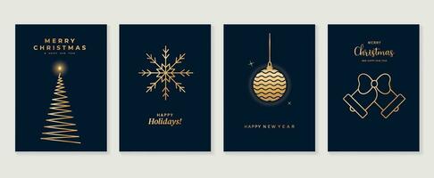 Luxus Weihnachten Einladung Karte Kunst Deko Design Vektor. Weihnachten Baum, Flitter Ball, Schneeflocke, Glocke, Band Linie Kunst auf dunkel Blau Hintergrund. Design Illustration zum Abdeckung, Poster, Hintergrund. vektor