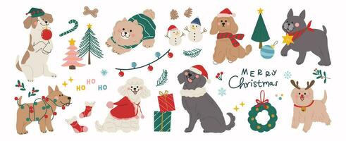 glad jul och Lycklig ny år begrepp bakgrund vektor. samling teckning av söt hundar med dekorativ scarf, band, hatt. design lämplig för baner, inbjudan, kort, hälsning, baner, omslag. vektor