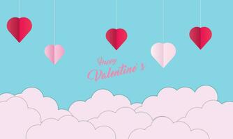 Hintergrund Design mit Papier Schnitt Wolken. Platz zum Text. glücklich Valentinstag Tag Verkauf Header mit hängend Herzen. vektor