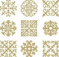 Vektor einstellen ofgolden Zeichen kazakh National Ornament. ethnisch Muster von das Völker von das großartig Steppe, Mongolen, Kirgisen, Kalmücken, Burjaten. Kreis, Rahmen Grenze.
