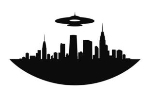 ein UFO im Stadt schwarz Silhouette Vektor, fliegend Untertasse Stadt Entführung Silhouette vektor