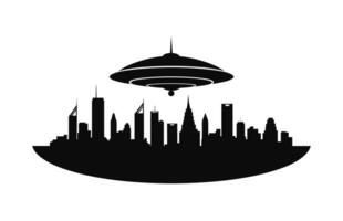 ein UFO im Stadt schwarz Silhouette Vektor, fliegend Untertasse Stadt Entführung Silhouette vektor