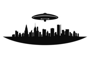 en UFO i stad svart silhuett vektor, flygande fat stad bortförande silhuett vektor