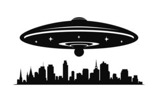 ein UFO im Stadt schwarz Silhouette Vektor, fliegend Untertasse Stadt Entführung Silhouette vektor