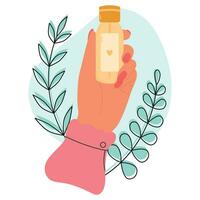kvinna hand innehar kosmetisk flaska med dusch gel. grädde lotion för hygien vård rutin. vektor